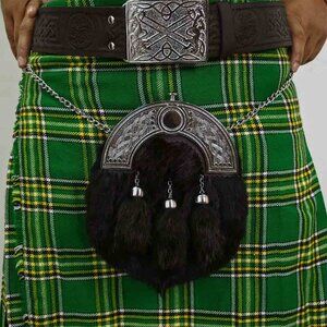 Traditional Men Sporran Chrome Head Triple Thistle Leather Black Kilt Sporran